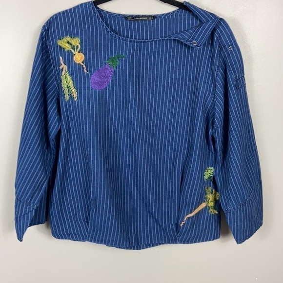Zara Trafuluc Pinstripe Embroidered Veggies Chambray Top size S - Picture 13 of 13